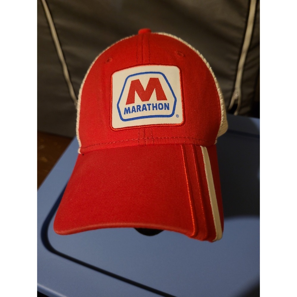 Marathon Trucker Hat Oil  Red White Blue SnapBack  Mesh